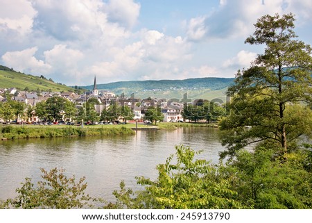 Landscape of the Mosel valley and river with a picturesque village, Germany