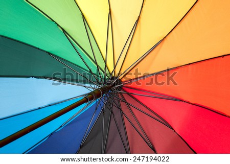 Close-up of inside a rainbow colored umbrella