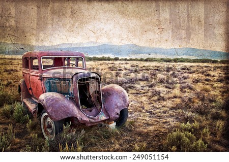 Rusty wrecked car, vintage style