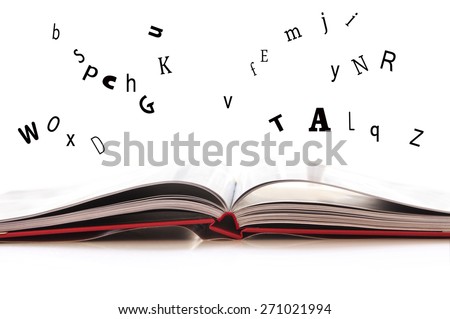Open book isolated on white background, flying letters