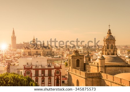 Aerial view of the roofs and the cathedral of Seville, Andalusia, Spain