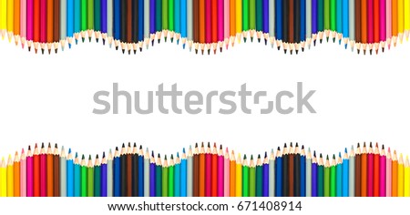Waves of colorful wooden pencils isolated on white background, blank frame back to school, art and creativity concept