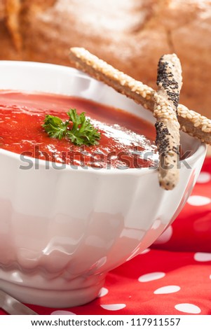 tomato Soup with sesame sticks