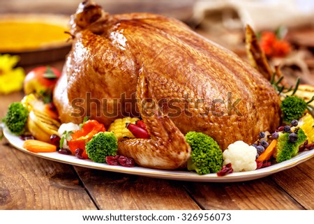 Thanksgiving Turkey dinner on wooden table