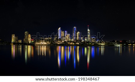 Night Skyline with lights after sunset, Surfers Paradise, Gold Coast, Australia