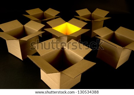 Concept photo of thinking creatively outside the box showing box with glowing yellow light