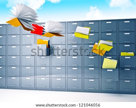 3d image of flying files and file cabinet