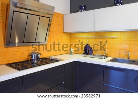fine image of modern wood kitchen with orange tiles