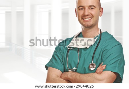 fine close up portrait of doctor and white building  background