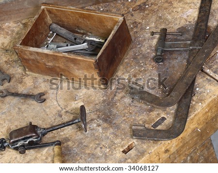 image of classic vintage old carpenter tools on work wood table