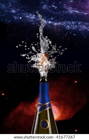 champagne bottle with shooting cork on space background