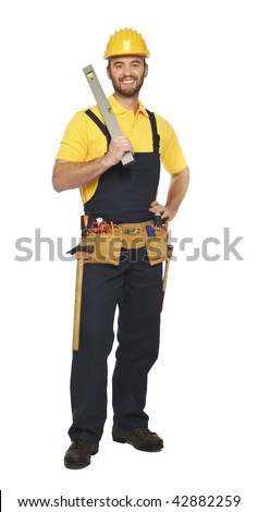 contruction worker with spirit level isolated on white background