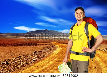 man travel, dusty road in the middle of bolivian\'s desert background