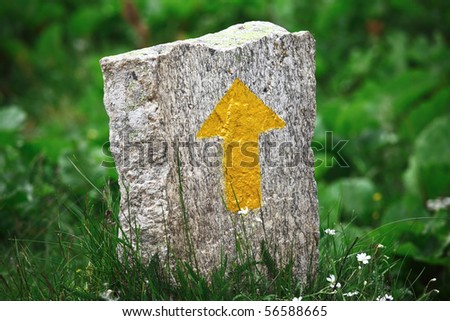 yellow stone arrow sign and green nature background