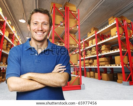 smiling young worker in 3d warehouse background