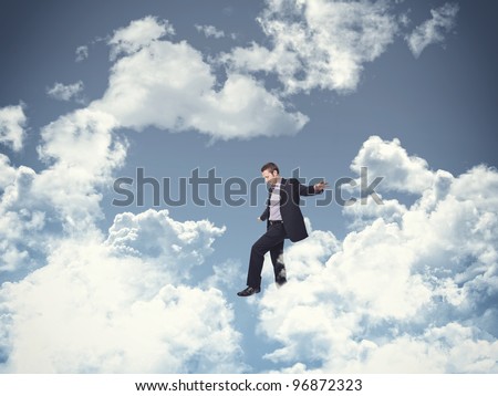 man walk on 3d clouds background