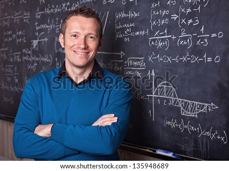 Young Caucasian Teacher Portrait With Blackboard Background