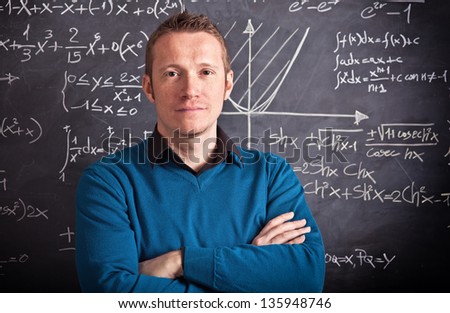 young caucasian teacher portrait with blackboard background