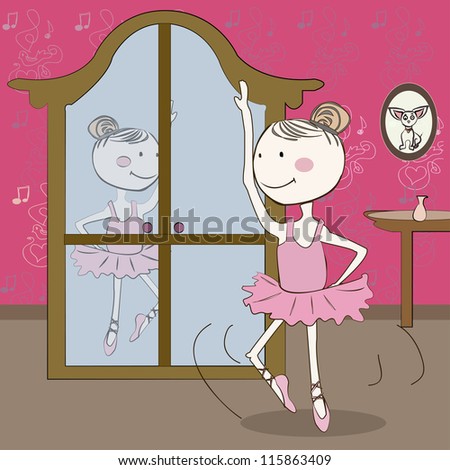 Little ballerina practicing ballet dancing in her room