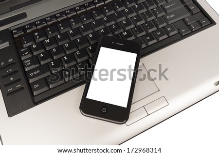 Business Phone On Computer Laptop XXXL/ Business Concept/ Shot Close Up/ With Copy Space On Phone/ On White Background