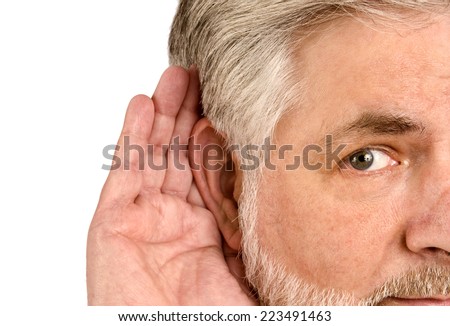 Senior Man Hard Of Hearing/ On White Background