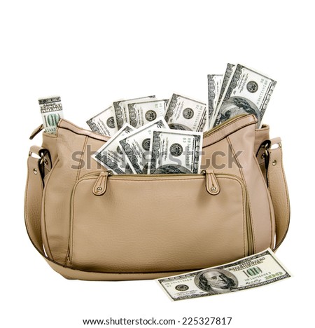Horizontal Shot Of Purse Full Of Money Isolated On White Background/ Money Is Not Real