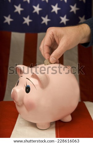 Making A Deposit With American Bank/ Vertical Shot/ Focus On Piggy Bank