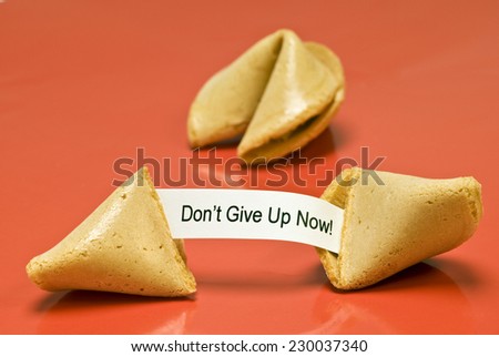 Horizontal Shot Of Fortune Cookie Saying,'Don't Give Up'/ Horizontal Shot