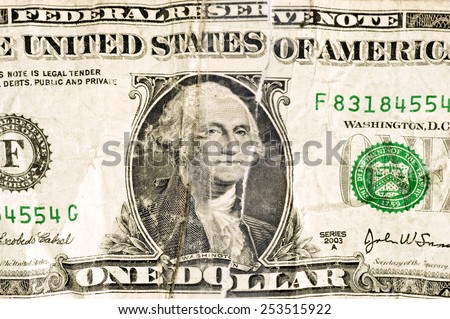 Battered Worn False One Dollar Bill/ Lots Of Spending Wearing On The Dollar