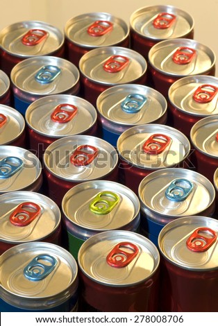 Close Up Of Healthy Energy Drinks With Tab Up/ Healthy Energy Drink Cans