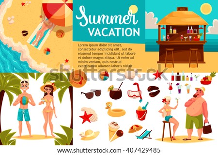 Infographics with travel concept summer vacation on the beach, tourists go hiking in travel between countries, vacation, set of vector elements of icons, beach, summer, bar, sand, sea, fun and games