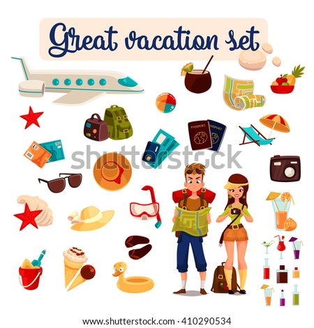 set travel concept summer vacation on the beach, cartoon tourists go hiking in travel between countries, vacation, set of vector elements of icons, card, ticket, airplane, passport, beach stuff, plane