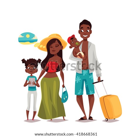 African Family on vacation, vector cartoon comic illustration of four people on a white background, traveling and vacationing African family with luggage and children, four people