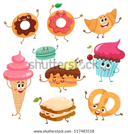 Set of funny dessert characters - donut, croissant, cupcake, cake, tiramisu, pretzel, macaroon, cartoon style vector illustration isolated on white background. Cute smiley sweets, dessert characters