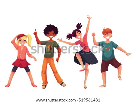 Little kids dancing expressively, cartoon style vector illustration isolated on white background. Children, kids dancing happily and smiling wildly