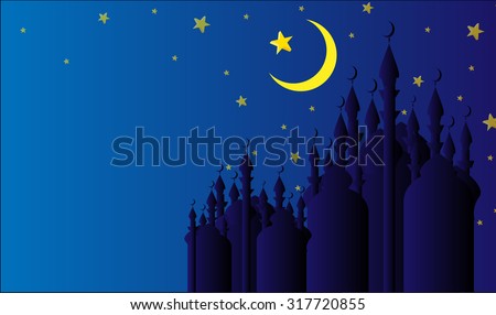 Mosque silhouettes on a starry night with half moon and a star, best wishes greeting card for islamic holidays celebrations