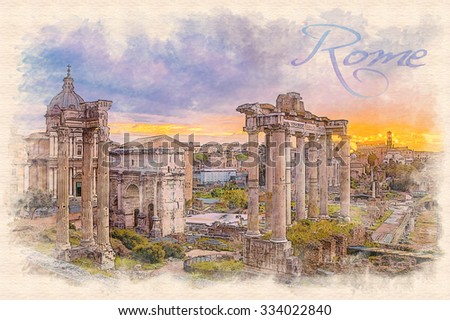 Watercolor painting effect illustration of a dawn over the Roman Forum in Rome, Italy, postcard type