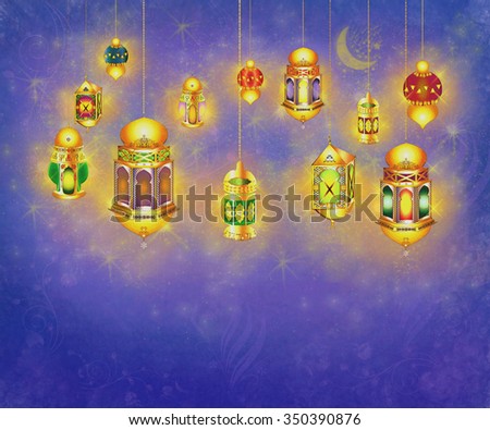 islamic muslim holiday blessing background or greeting card, with oriental lamps and lanterns