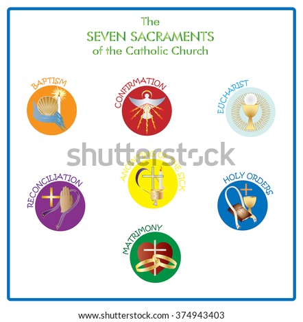 Symbols of the seven sacraments of the Catholic Church. Color vector illustration, separated for easy use.