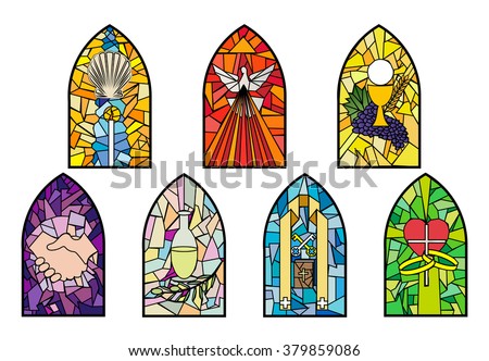 Symbols of the seven sacraments of the Catholic Church on stained glass windows. Color vector illustration, separated for easy use.