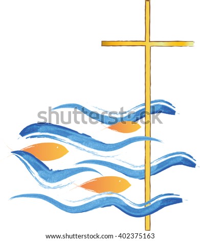 Cross in a sea with fish swimming towards it. Symbol of Jesus Christ and Christianity. Christian abstract artistic color vector illustration.