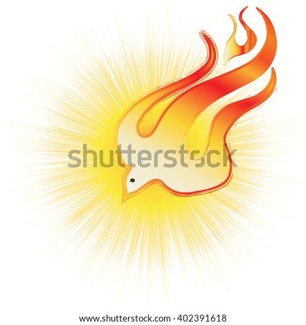 Abstract Holy Spirit symbol - a white dove on flames, with halo of light rays