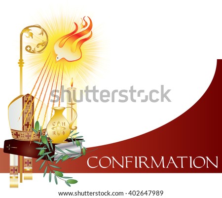 Sacrament of Confirmation, symbolic vector drawing illustration, with the holy olive oil and olive branch, a bishop's pastoral staff and mitre, a dove - symbol of the Holy Spirit.