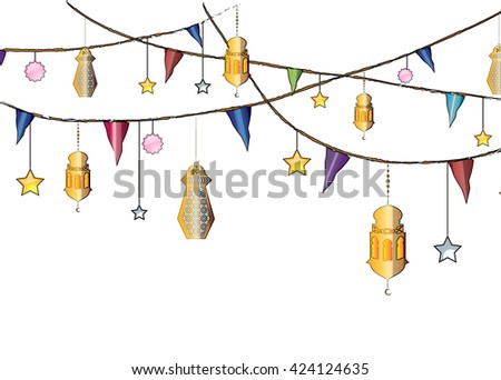 Colorful Ramadan eid lanterns hanging from the ropes with decorations, stars and holiday flags for Eid Al-Adha eid festival.