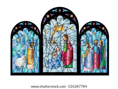 Christmas nativity religious church stained glass window illustration with the Holy family of Mary, Joseph and baby child Jesus, color vector abstract artistic illustration