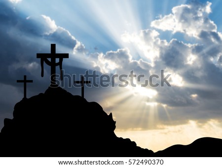 Easter morning, Calvary hill with silhouettes of the cross, Resurrection background with sun rays, abstract blur background with copy space for text