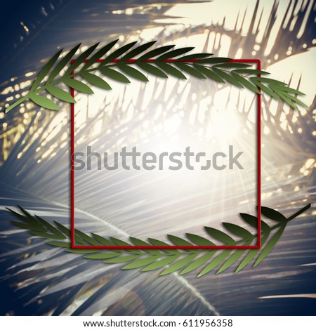 Palm Sunday square illustration with palm branches and text frame. Vintage retro edit with sun flares and rays.