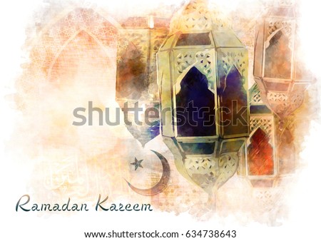 Ramadan Kareem greeting - islamic muslim holiday background with eid lantern or lamp, abstract watercolor style