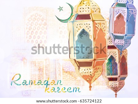 Ramadan Kareem greeting - islamic muslim holiday background with eid lantern or lamp