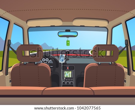 Empty sedan car on a road with navigator and smartphone on holder.  Countryside parked automobile. Inside car interior. Flat style isolated  vector illustration - Stock Image - Everypixel